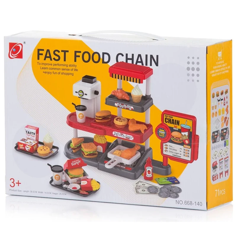 Pretend Play Fast Food Store Toy with Realistic Coffee Machine Card Reader Food Shop Play set with Simulate Hamburger Chips Sandwich etc Play Money Checkout Game for Kids 71 Pcs